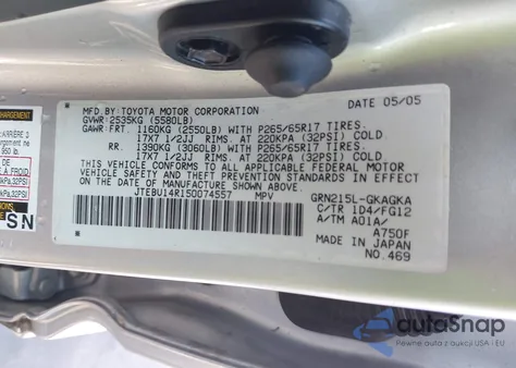 2005 Toyota 4Runner Sr5 V6 из США, поврежденный, VIN JTEBU14R150074557